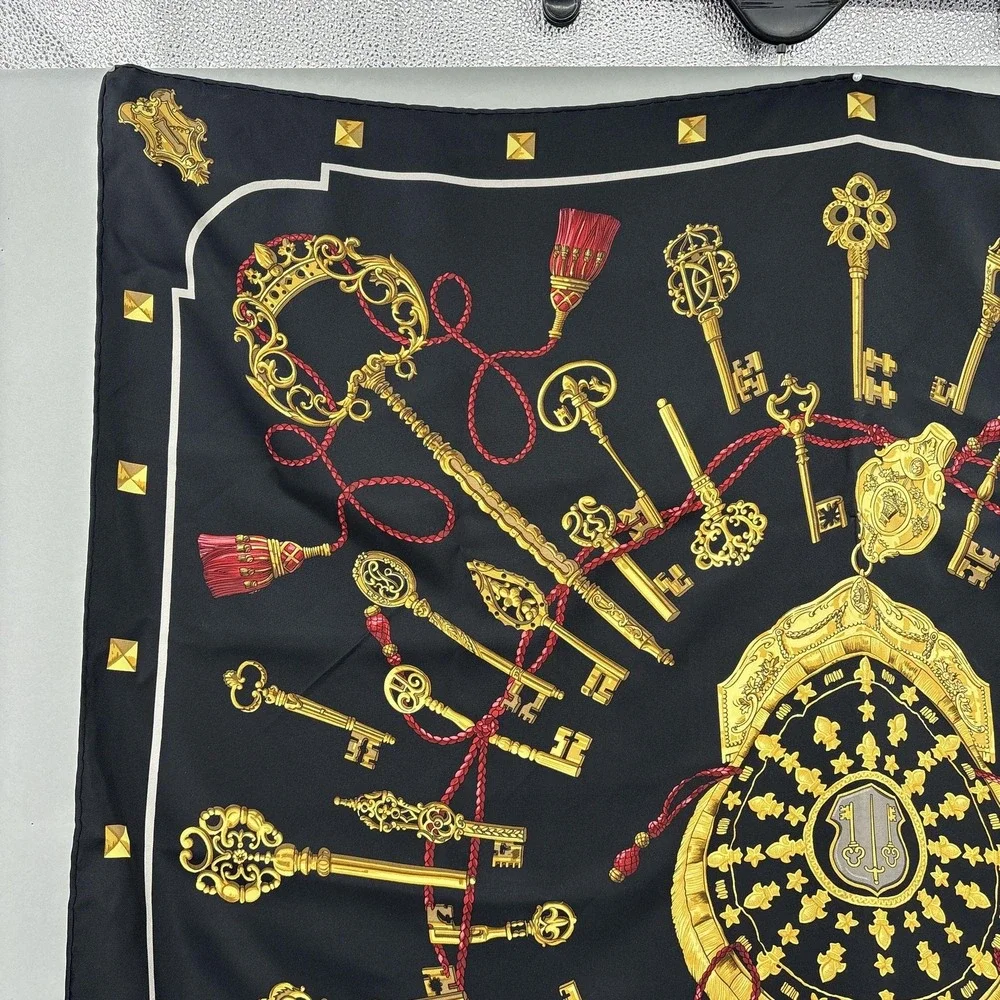 Hermes Scarf Silk Black Gold the Keys Print Square Les Kles 90 Carre France